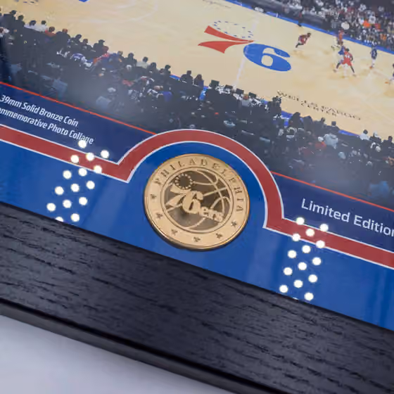 Philadelphia 76ers 3-Time NBA Champions Bronze Coin Framed Photo view 2
