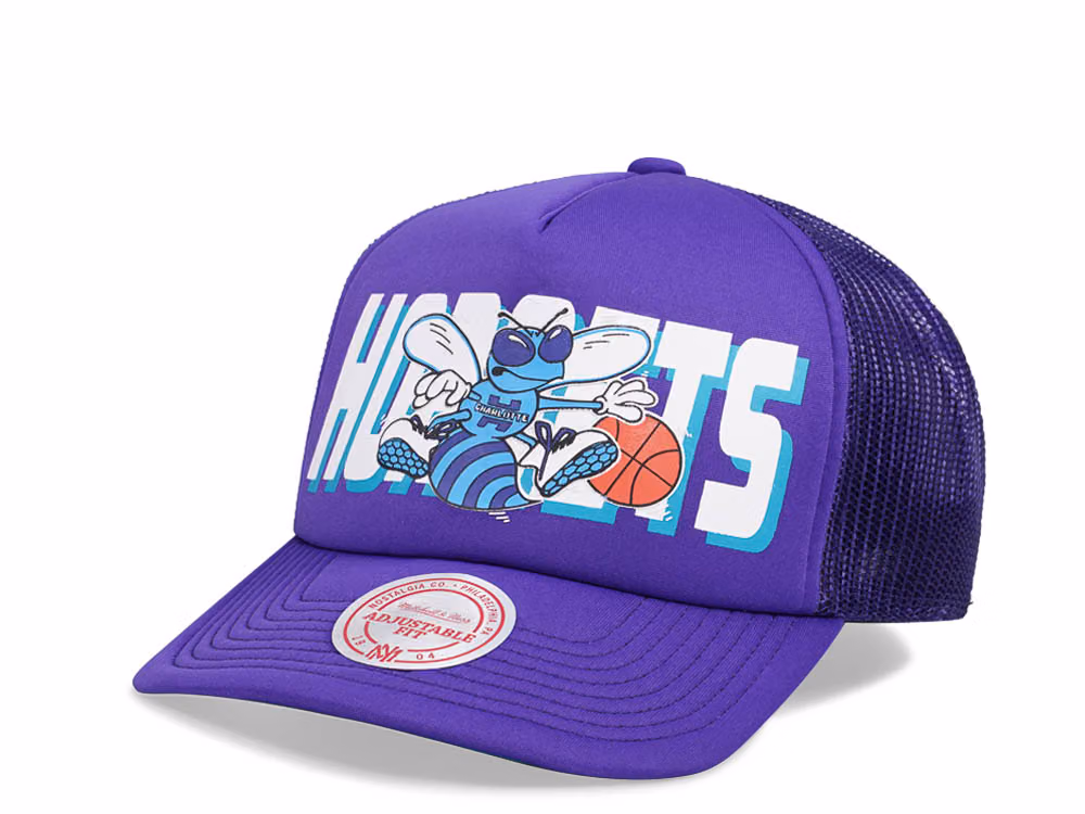 Mitchell & Ness Charlotte Hornets Purple Billboard Trucker Snapback Hat front