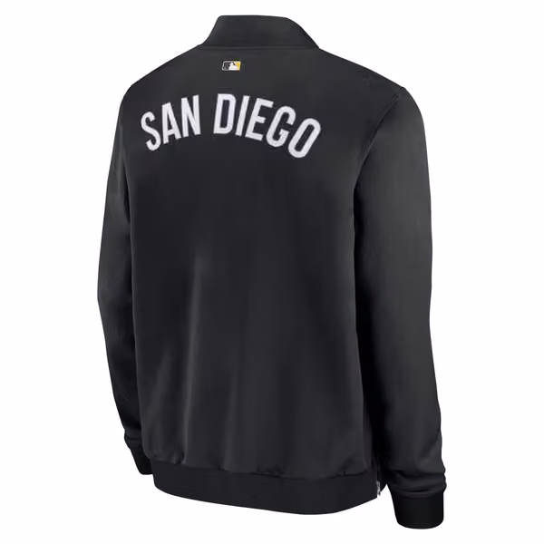 San Diego Padres 2026 MLB Authentic Dugout Bomber Jacket Black view 3