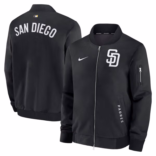San Diego Padres 2026 MLB Authentic Dugout Bomber Jacket Black view 1