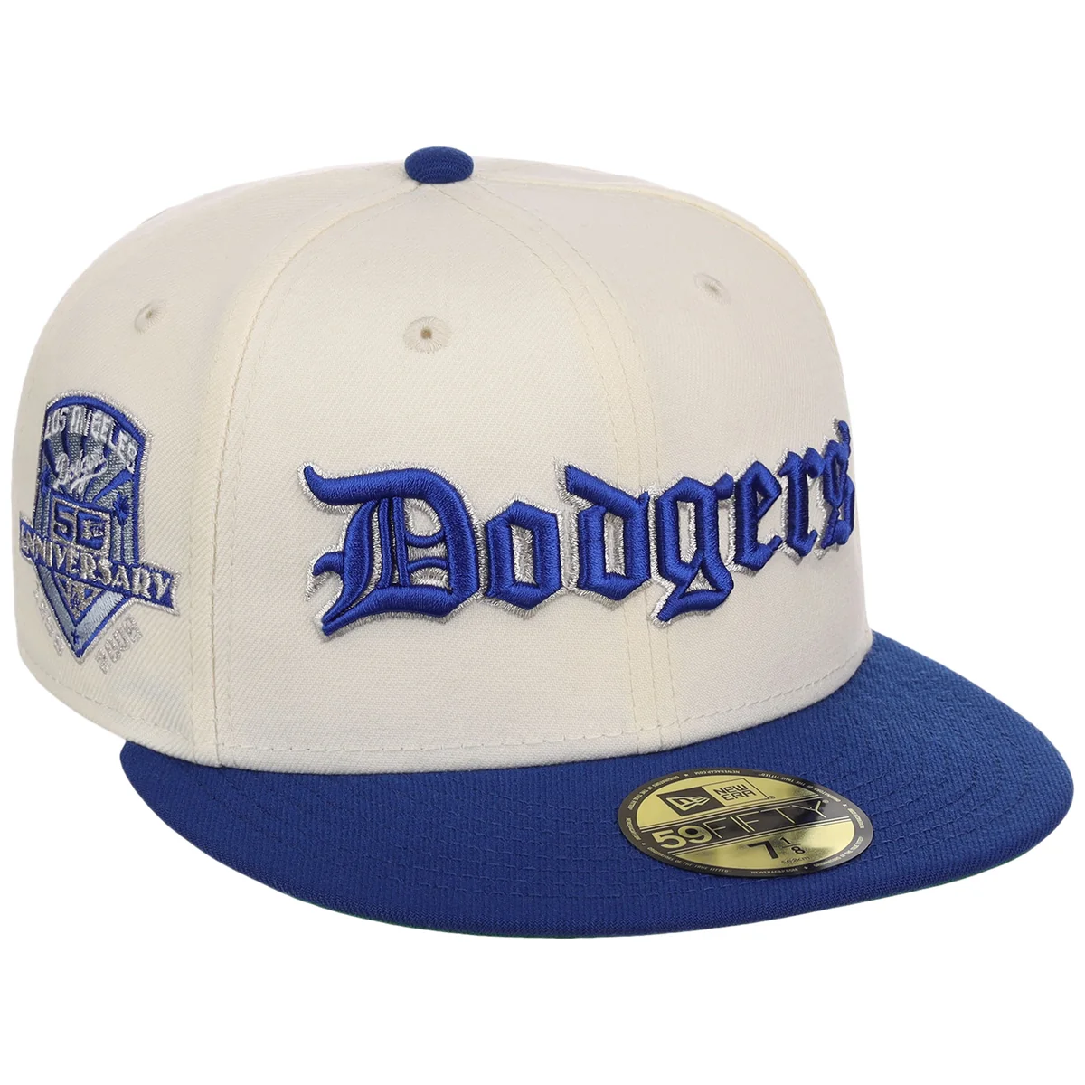 Los Angeles Dodgers MLB Gothic Script New Era 59FIFTY (Chrome/Royal) front view