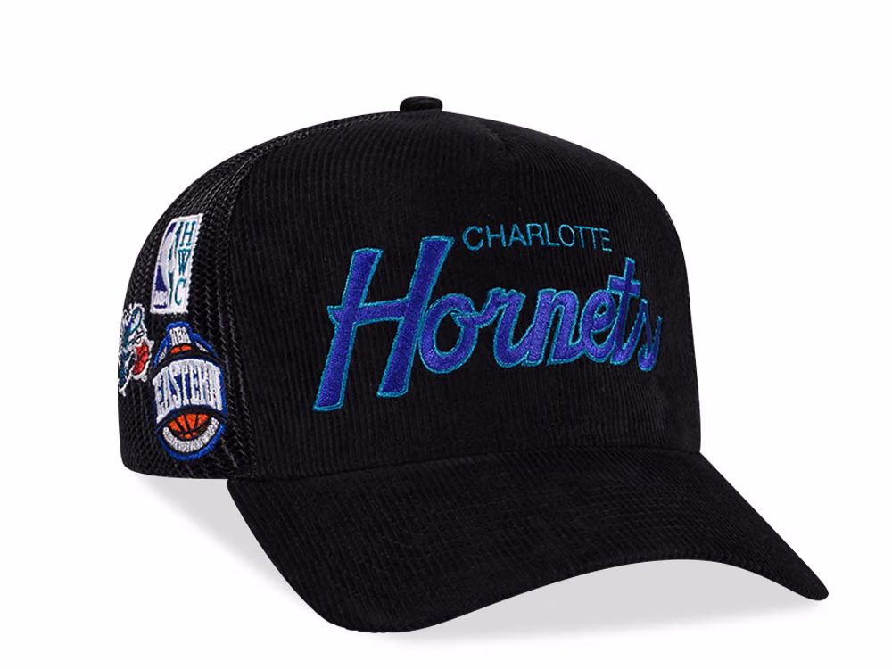 Mitchell & Ness Charlotte Hornets Times up Black Cord Hardwood Classic Trucker Snapback Hat front