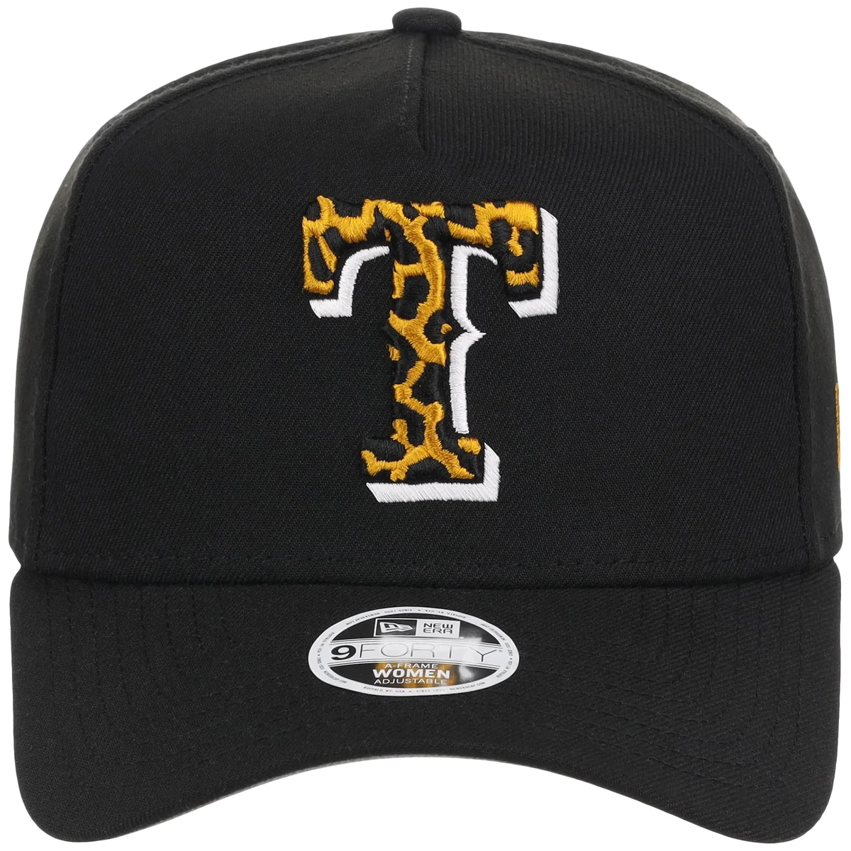 Texas Rangers Women's New Era 9FORTY Black x Cheetah A-Frame detail view