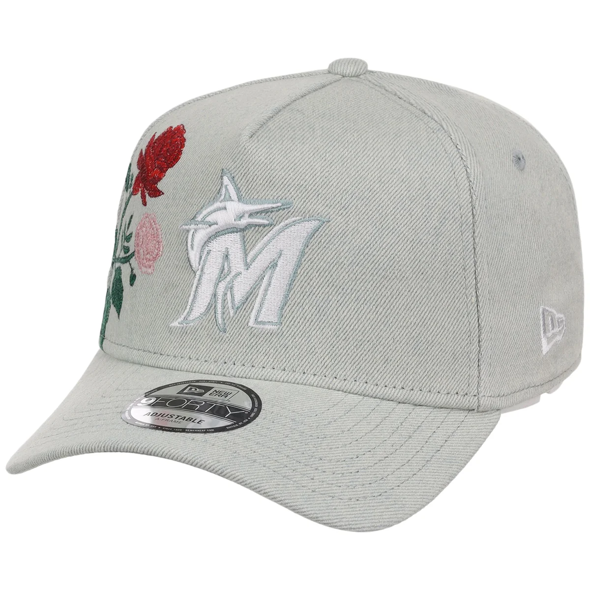 Miami Marlins MLB Denim Flower New Era 9FORTY detail view