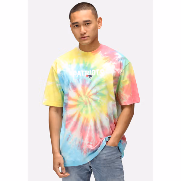 New England Patriots Rainbow Tie-Dye Recovered Relaxed NFL T-Shirt view 3