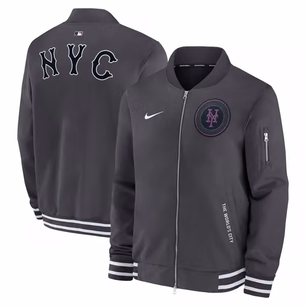 New York Mets City Connect 2026 MLB Authentic Dugout Bomber Jacket Anthracite view 1
