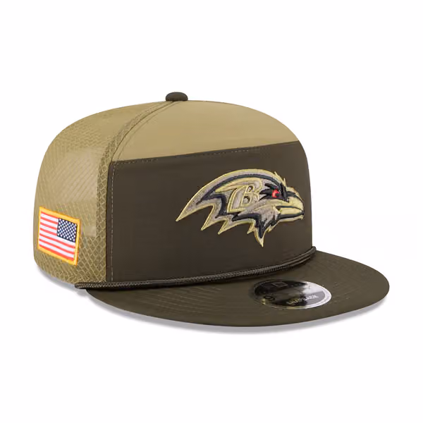 Baltimore Ravens 2025 NFL Salute to Service 9FIFTY Split Panel Trucker Snapback Cap Olive product photo