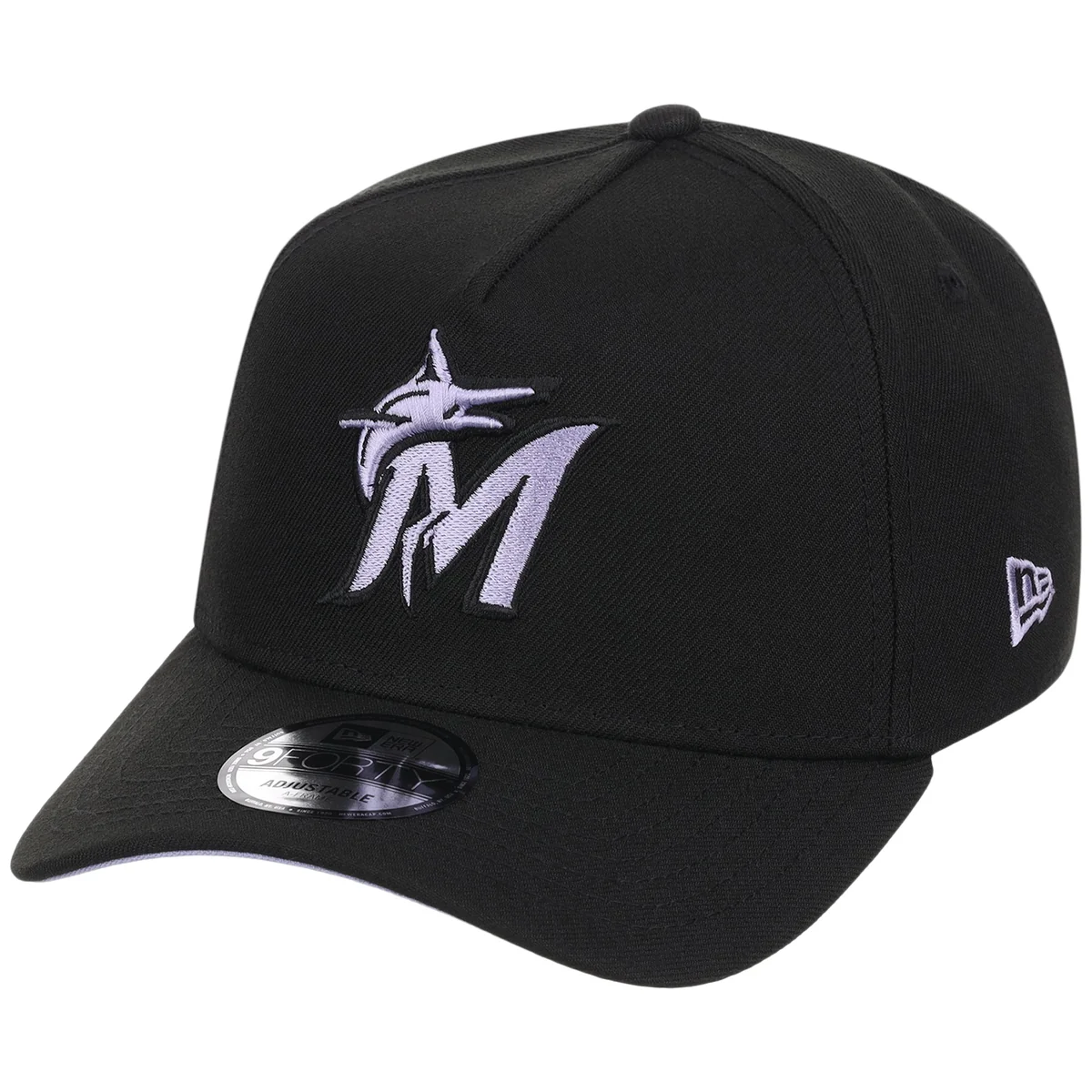 Miami Marlins MLB Black x Lavender FASHION CORE New Era 9FORTY A-Frame detail view