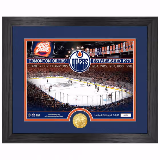 Edmonton Oilers 5-Time Stanley Cup Champions Bronze Coin Framed NHL Photo view 1