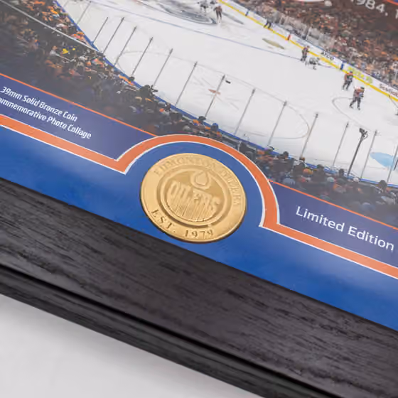 Edmonton Oilers 5-Time Stanley Cup Champions Bronze Coin Framed NHL Photo view 2